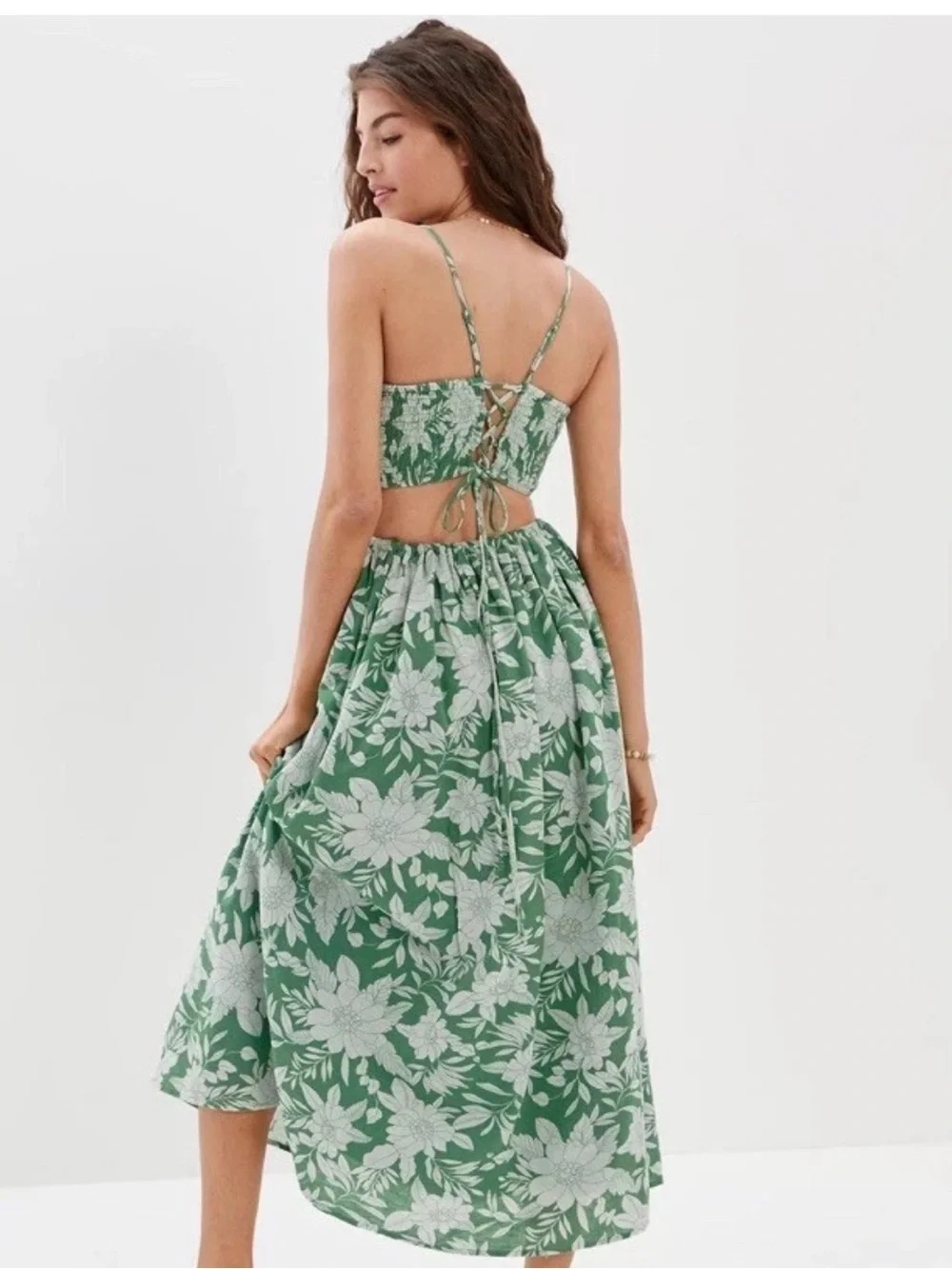 American Eagle Green & White Floral Cutout Maxi Cotton/Linen Dress - Picture 2 of 10